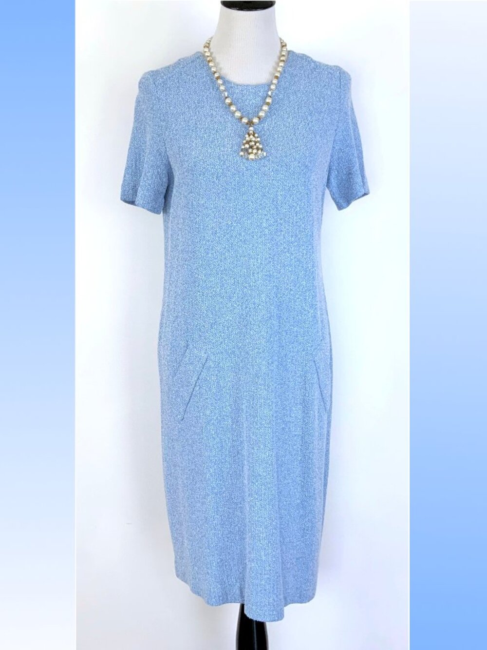 New Amina Rubinacci Blue Textured Knit Shift Midi Dress Italy Sz 12